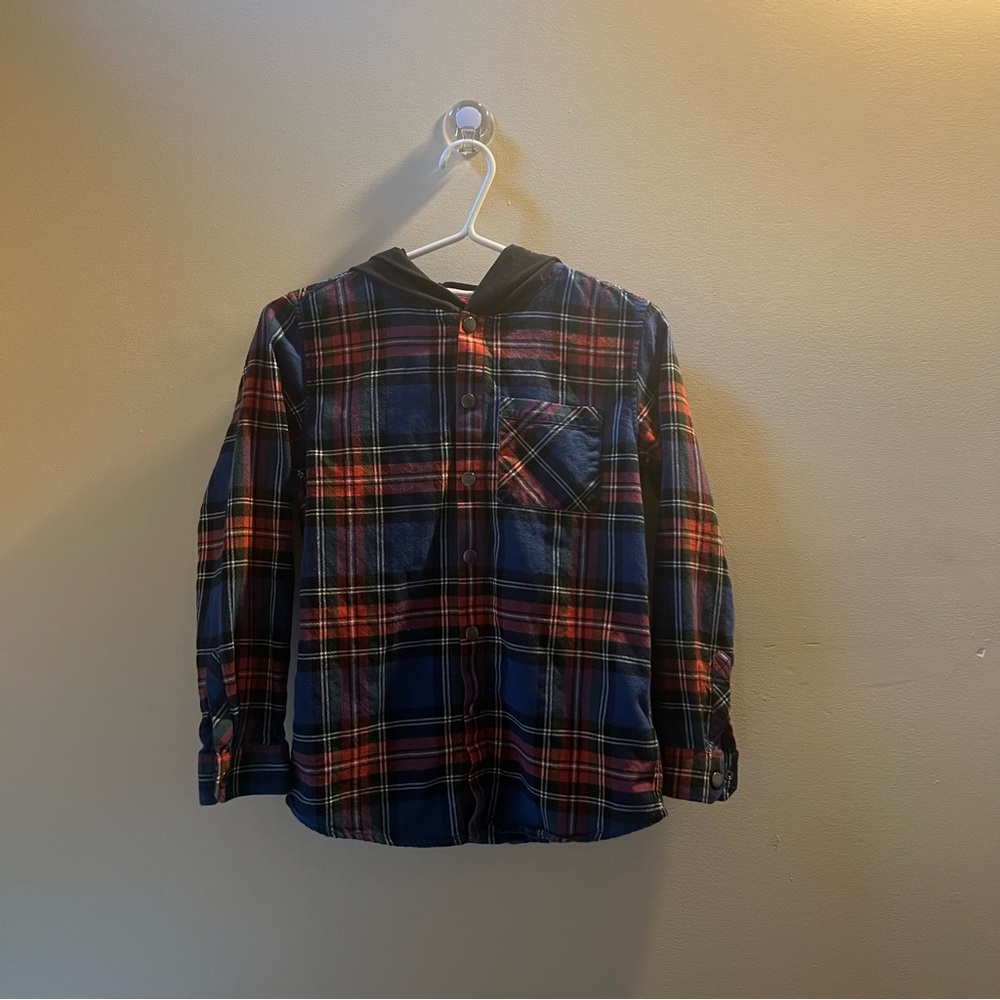 Plaid Hooded Button-Up Shirt